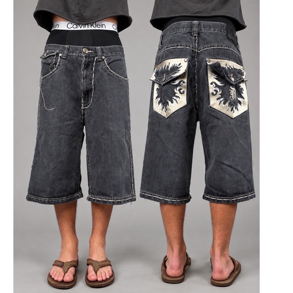 Southpole Other - Vintage Southpole Baggy Denim Jorts Black Flame Embroidered Y2K Skater Shorts 36